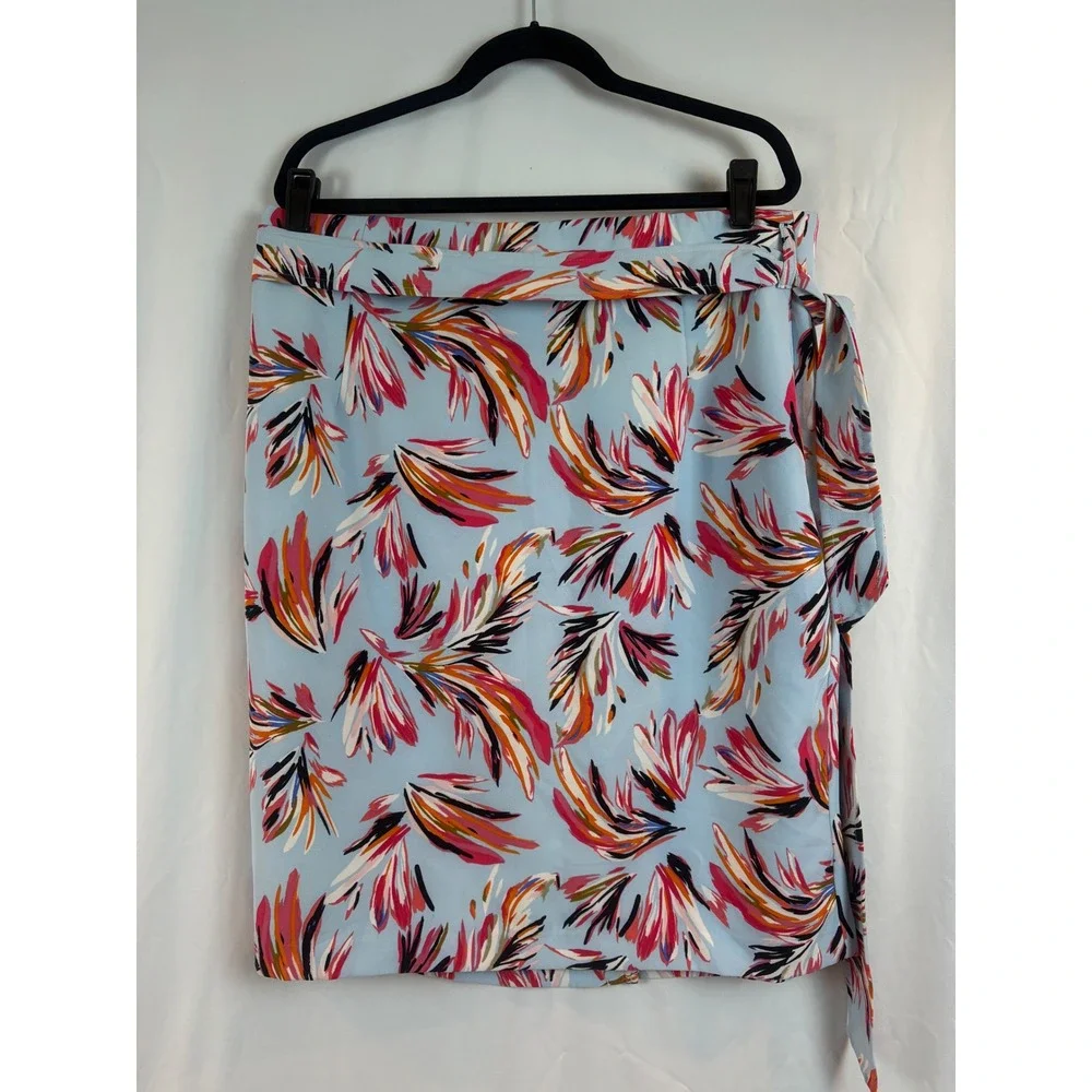 Floral Print Pencil Skirt Light Blue Pink High Waist Tie Belt Mid-Length Size 22
